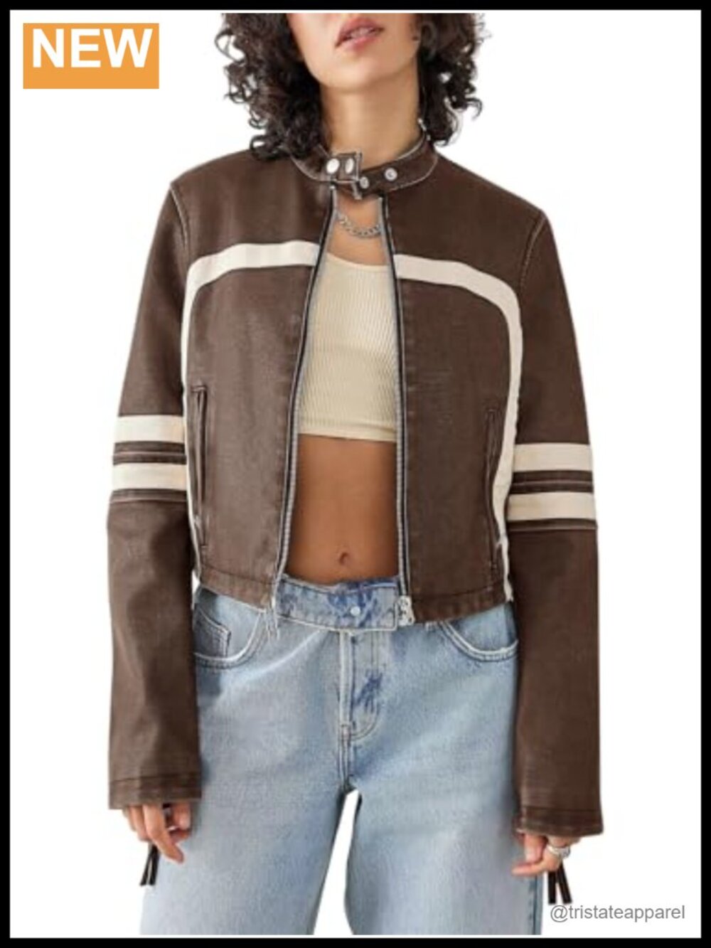 Womens Faux Leather Cropped Moto Biker Jacket Long Sleeve Zip